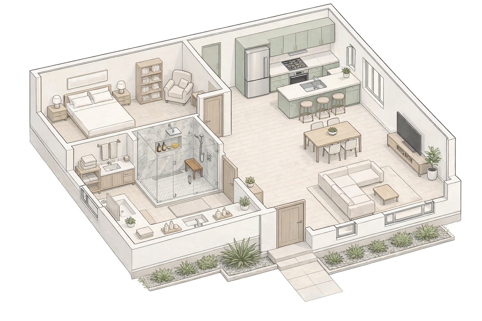 Cutaway illustration of a home showing the bathroom, bedroom, kitchen and living room